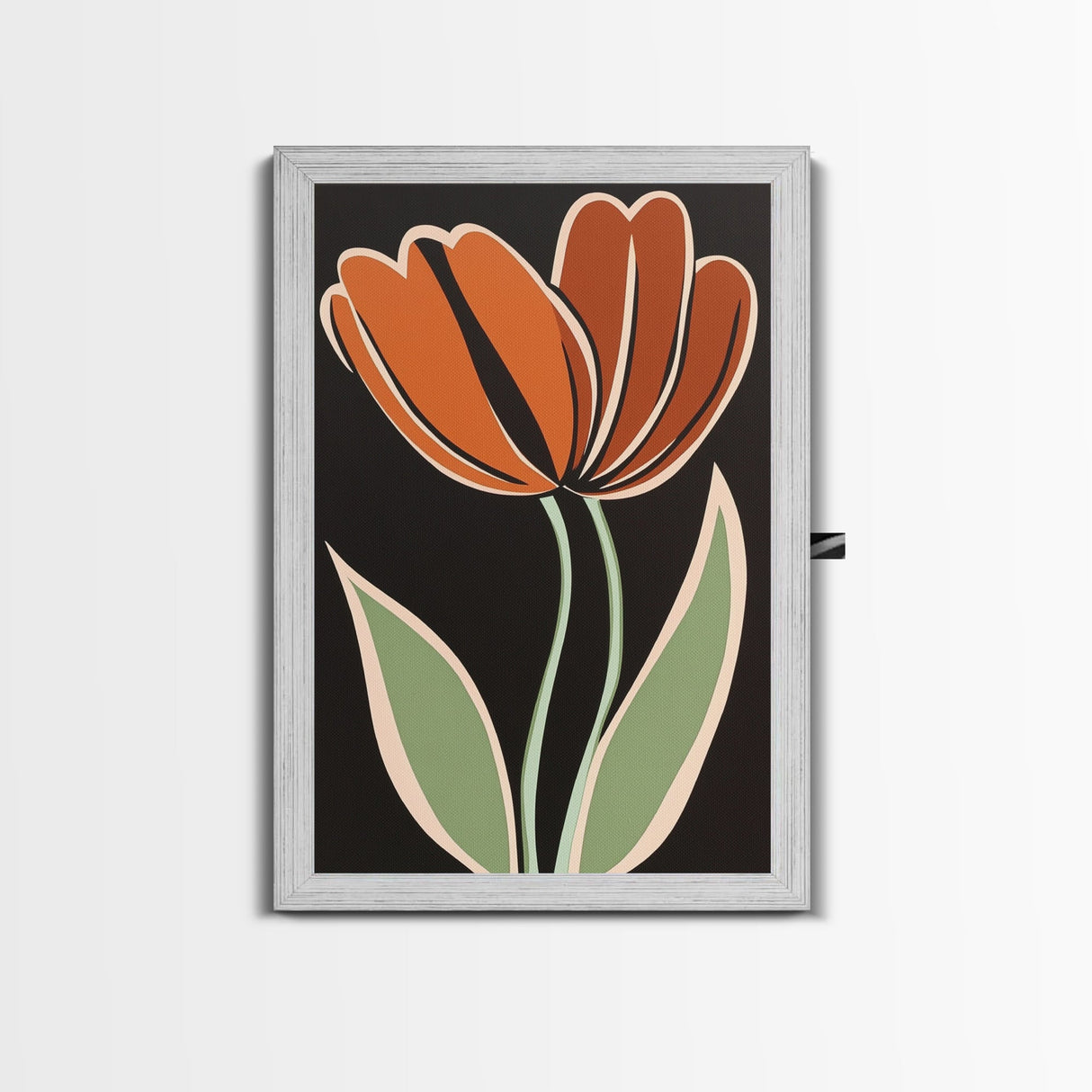 Orange Tulip with Black Background, Framed Canvas Print, Cute Floral Print, Botanical Minimalist Home Decor