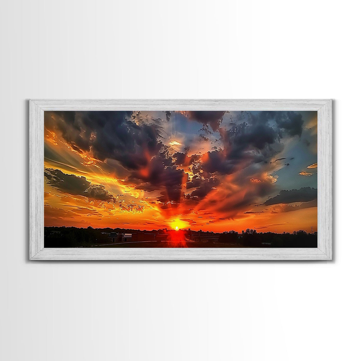 Small Town Life, Framed Canvas Print, Sunset Over A Small Town, Rustic Farmhouse Decor, Photography Style Wall Art