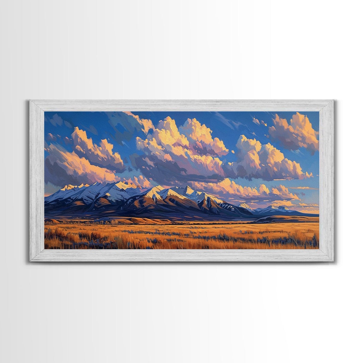 Sunset Over The Mountains Framed Canvas Print, Panoramic Art, Large Format Horizontal Panoramic Wall Art