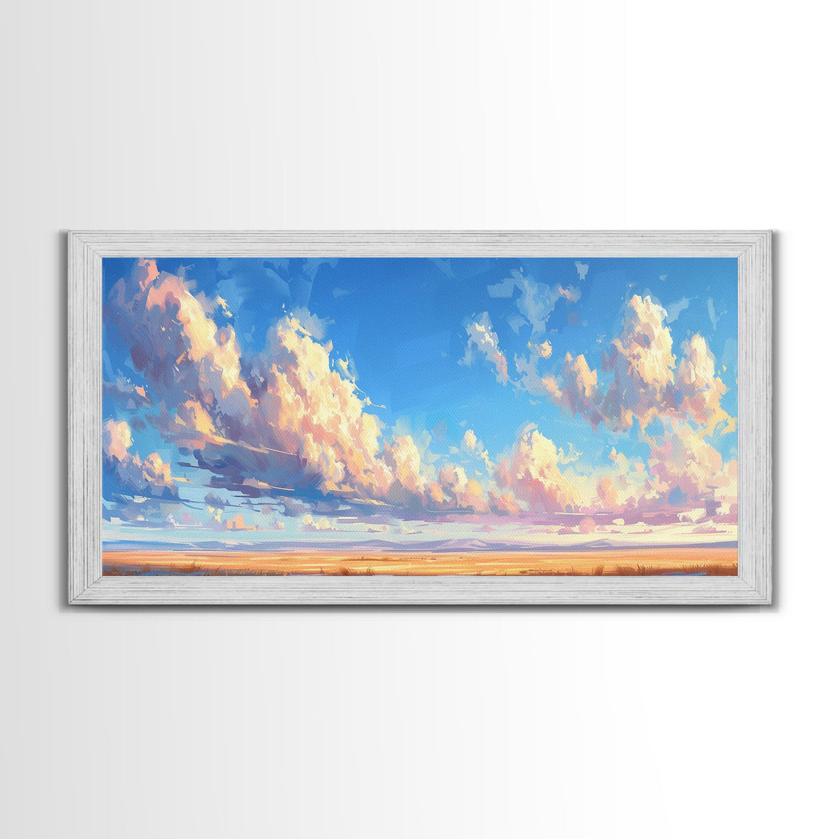Panoramic Oil Painting Print of A Cloudy Sky Framed Canvas Print, Boho Minimalist Home Decor, Guest Room Wall Art