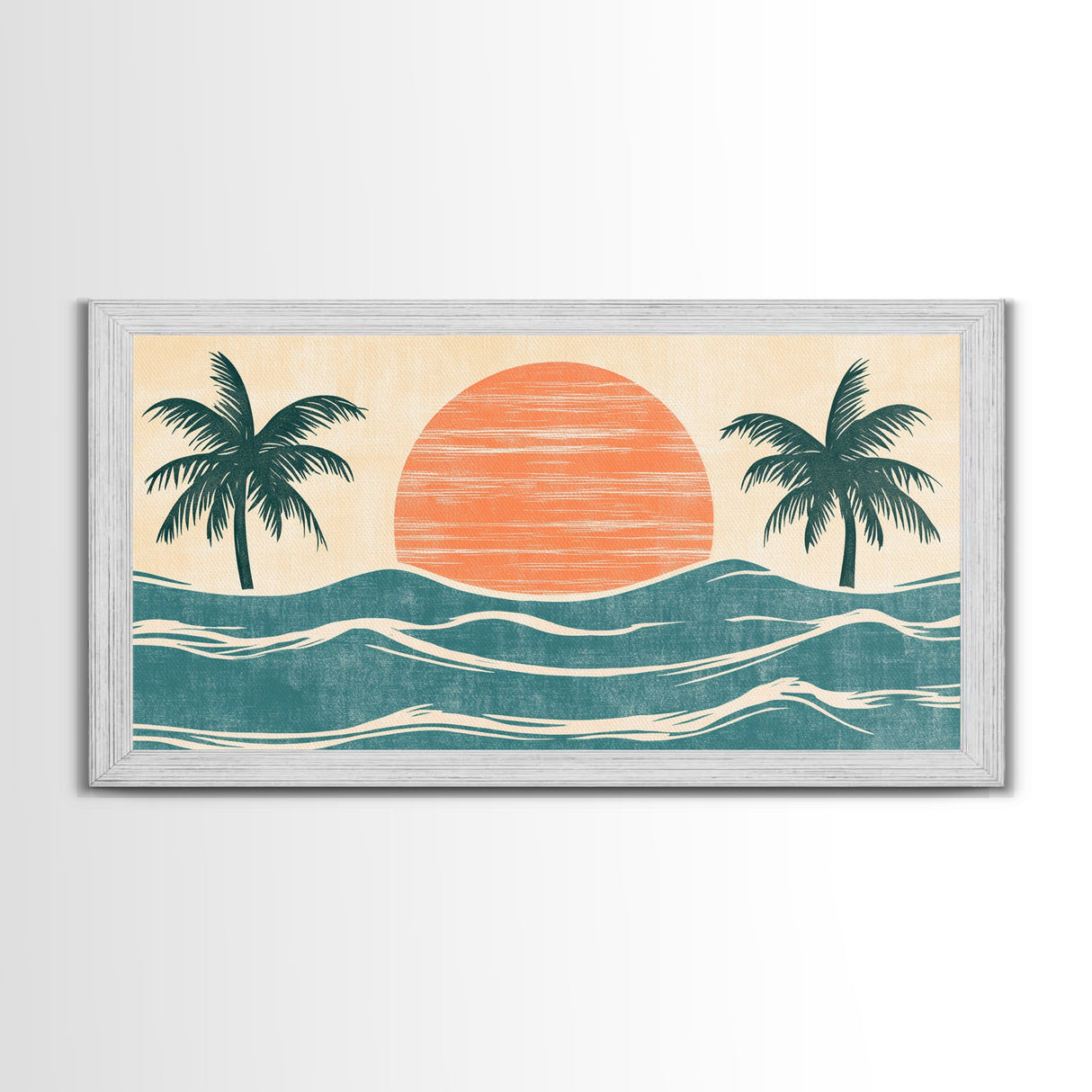 Japanese Wood Block Print Style Sunset and Palm Trees, Framed Canvas Print, Boho Style, Minimalist home Decor