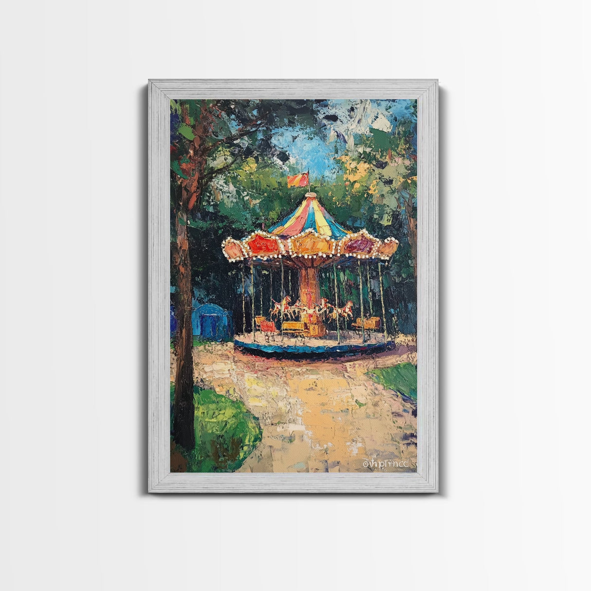 Carrousel Wall Art Framed Canvas Print, Oil Painting Carrousel, Circus Decor, Nursery Decor, Kid's Room Wall Art