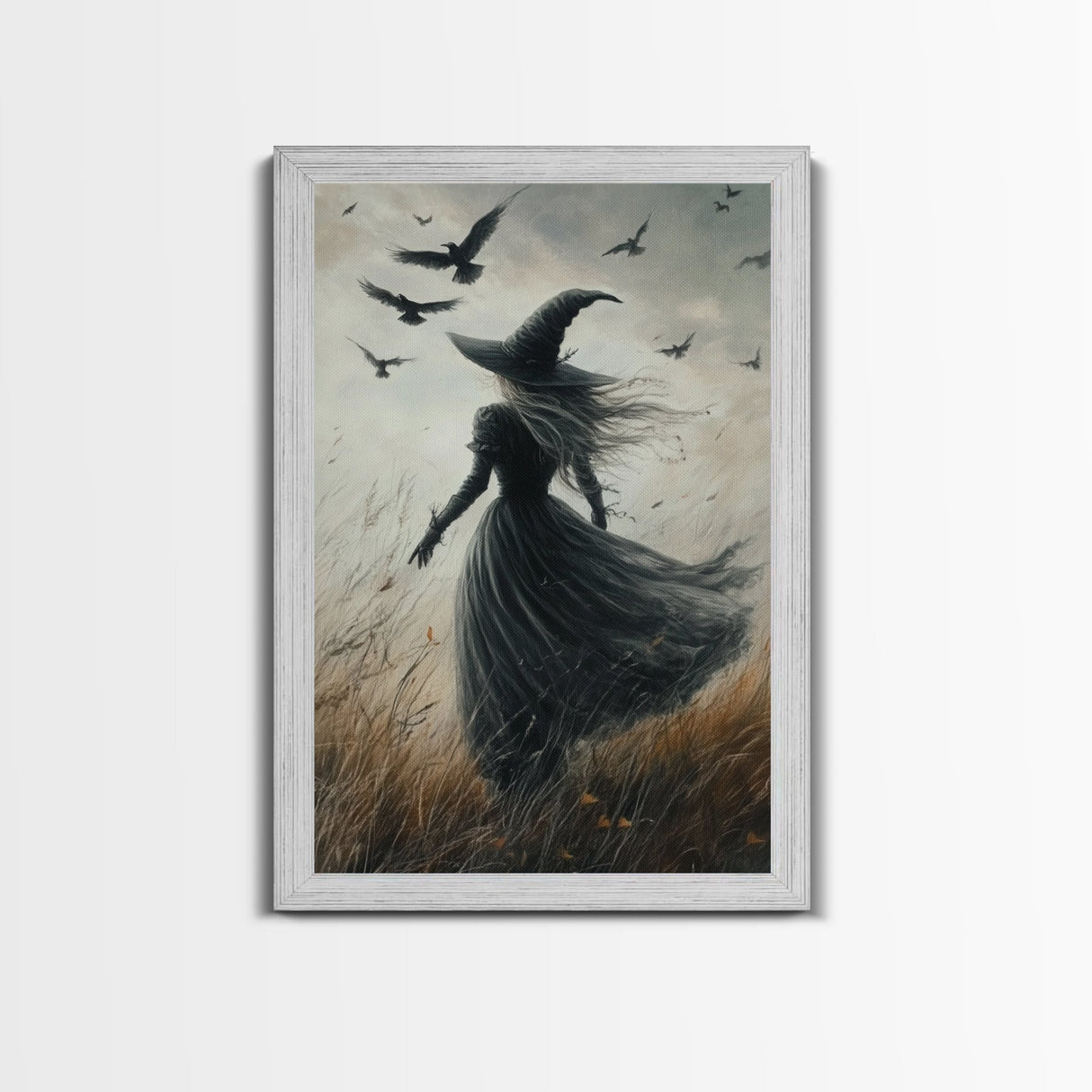 The Witch and her Ravens, Framed Canvas print, Spooky Season Halloween Wall Art, Gothic Home Decor, Witch Wall Art, Halloween Art