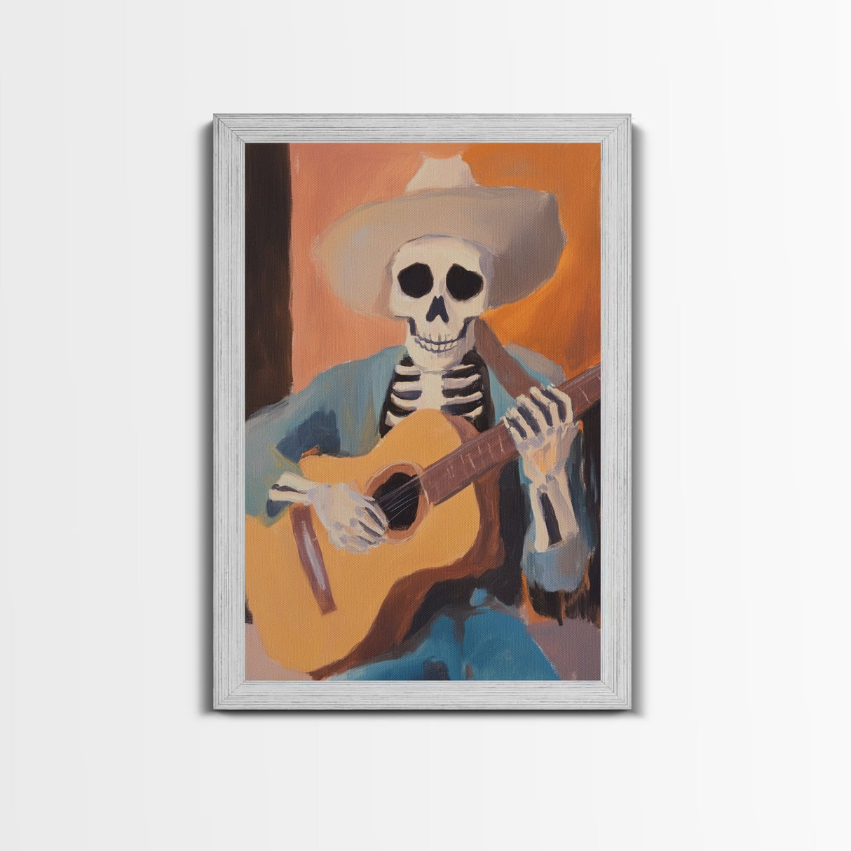 Canvas Print of a Sekelton Cowboy Guitar Player - Chicano Art - Wood Framed Canvas - Original Art