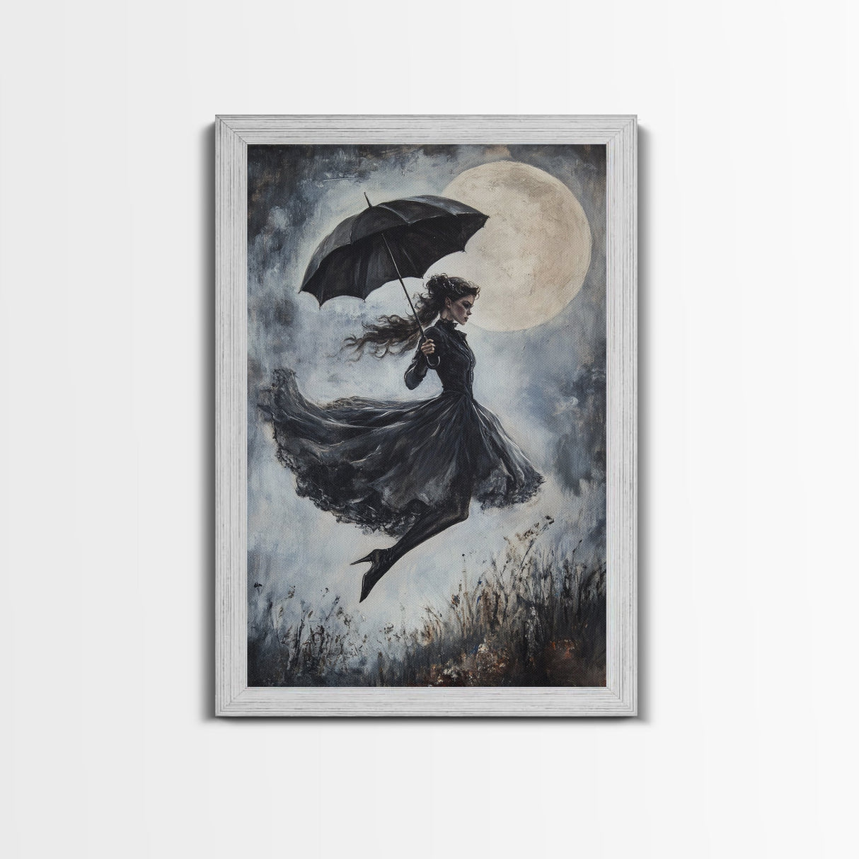 Witch Flying with an Umbrella, Framed Canvas Print, Witchy Decor, Halloween Wall Art, Goth Art, Dark Academia