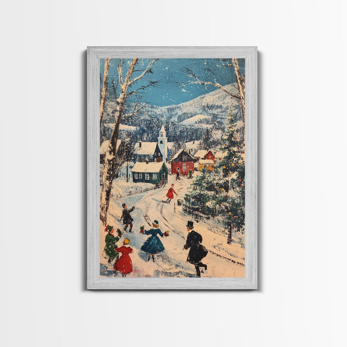 Ice Skating in The Streets on Christmas Morning Framed Canvas Print - Retro Christmas Village Wall Art - Christmas Above Mantle Centerpiece Art
