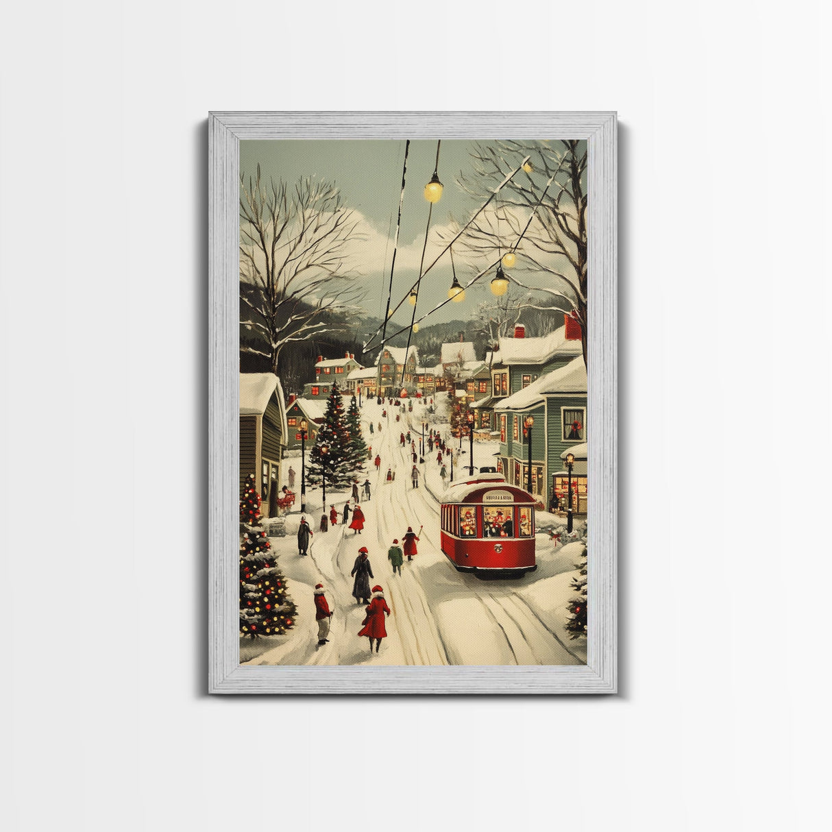 Vintage Christmas Trolley Painting Print, Framed Canvas Art, Christmas Village Wall Art
