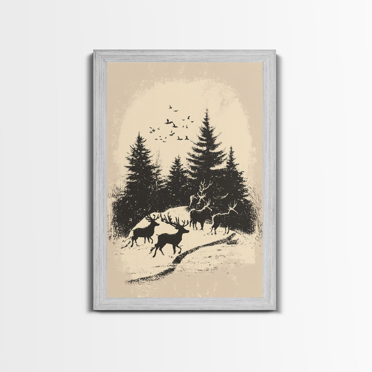 Sketch of Reindeer In The Snow Canvas Print - Framed Canvas - Minimalist Christmas Art - Boho Christmas Art - Rustic Christmas Art