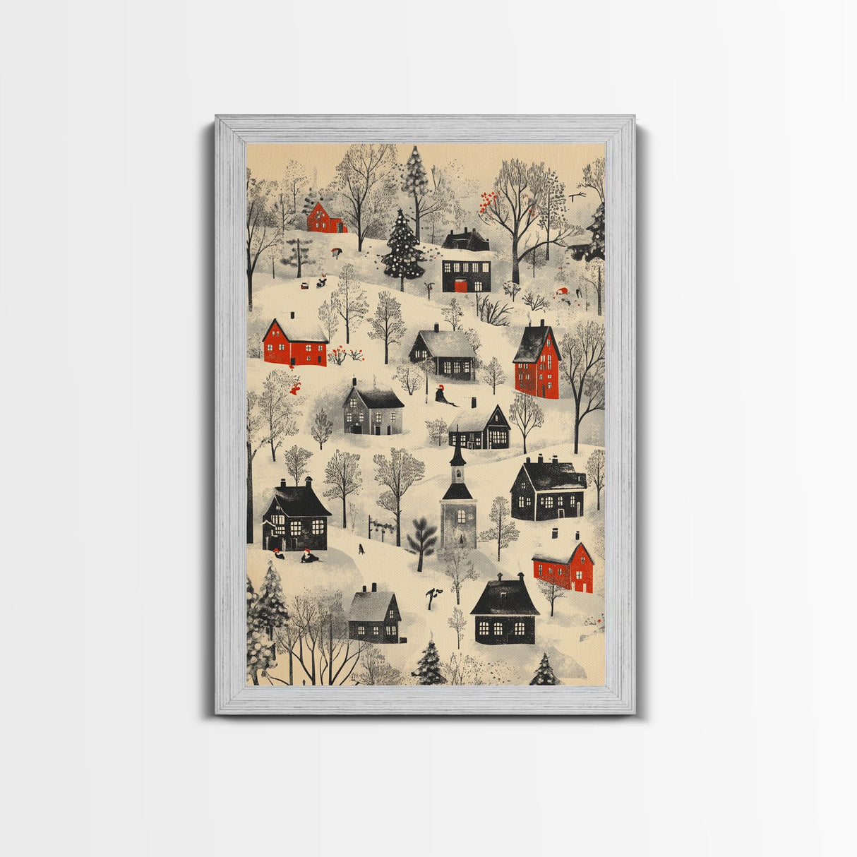 Sketch of a Christmas Village Canvas Print - Framed Canvas - Minimalist Christmas Art - Boho Christmas Art - Rustic Christmas Art