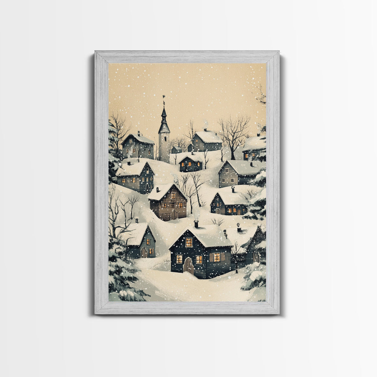 Christmas Village Canvas Print - Framed Canvas - Minimalist Christmas Art - Boho Christmas Art - Rustic Christmas Art