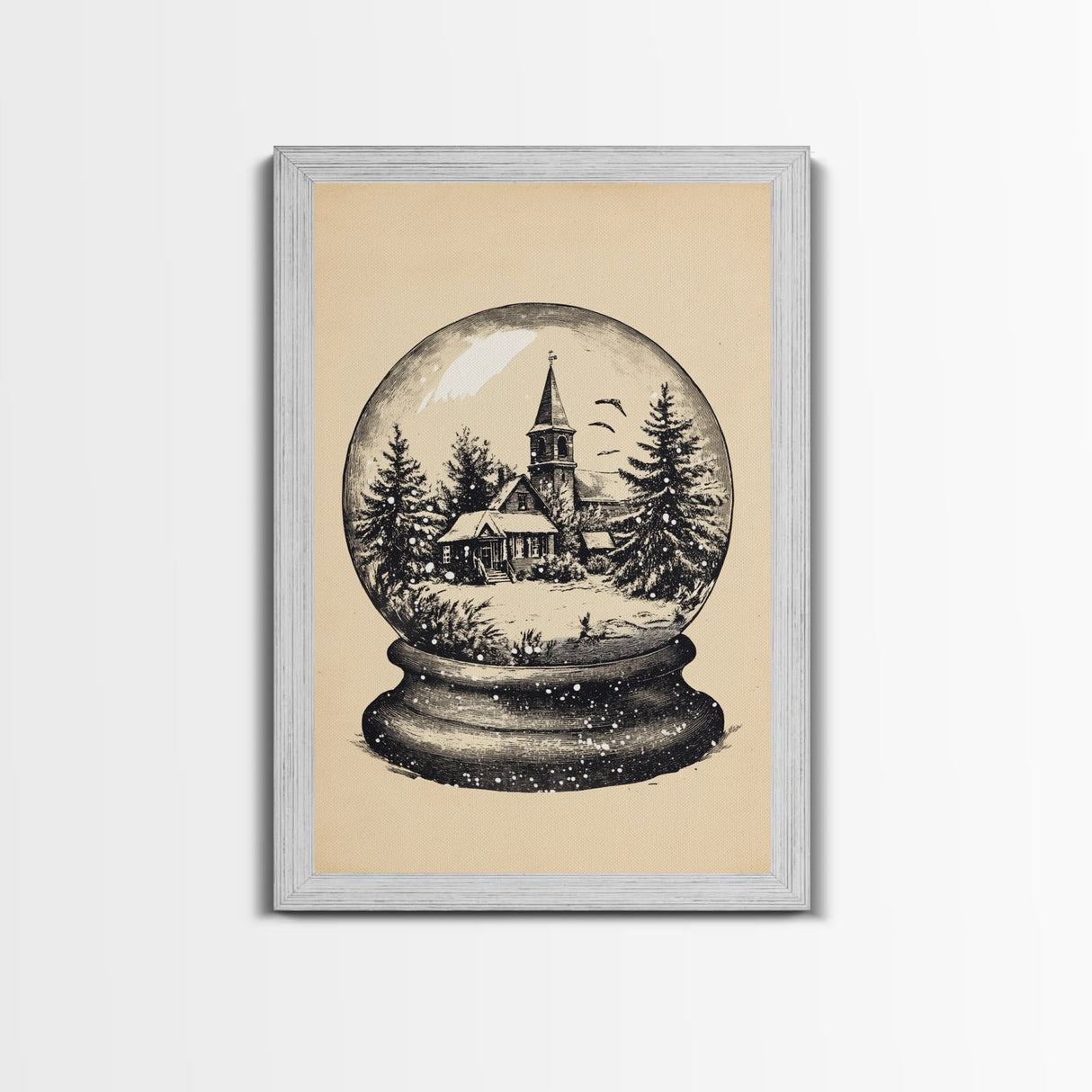 Retro Christmas Snowglobe Canvas Print - Framed Canvas - Minimalist Christmas Art - Boho Christmas Art - Rustic Christmas Art