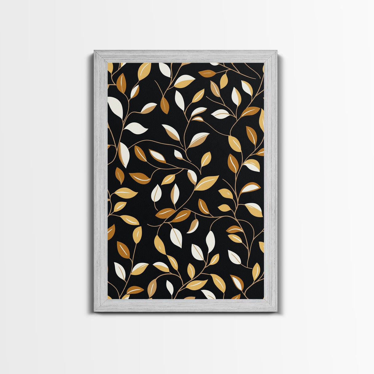 Ivy Leaves Framed Canvas Print, Mid Century Modern Pattern art, Botanical Print, Botanical Wall Art, Black Background