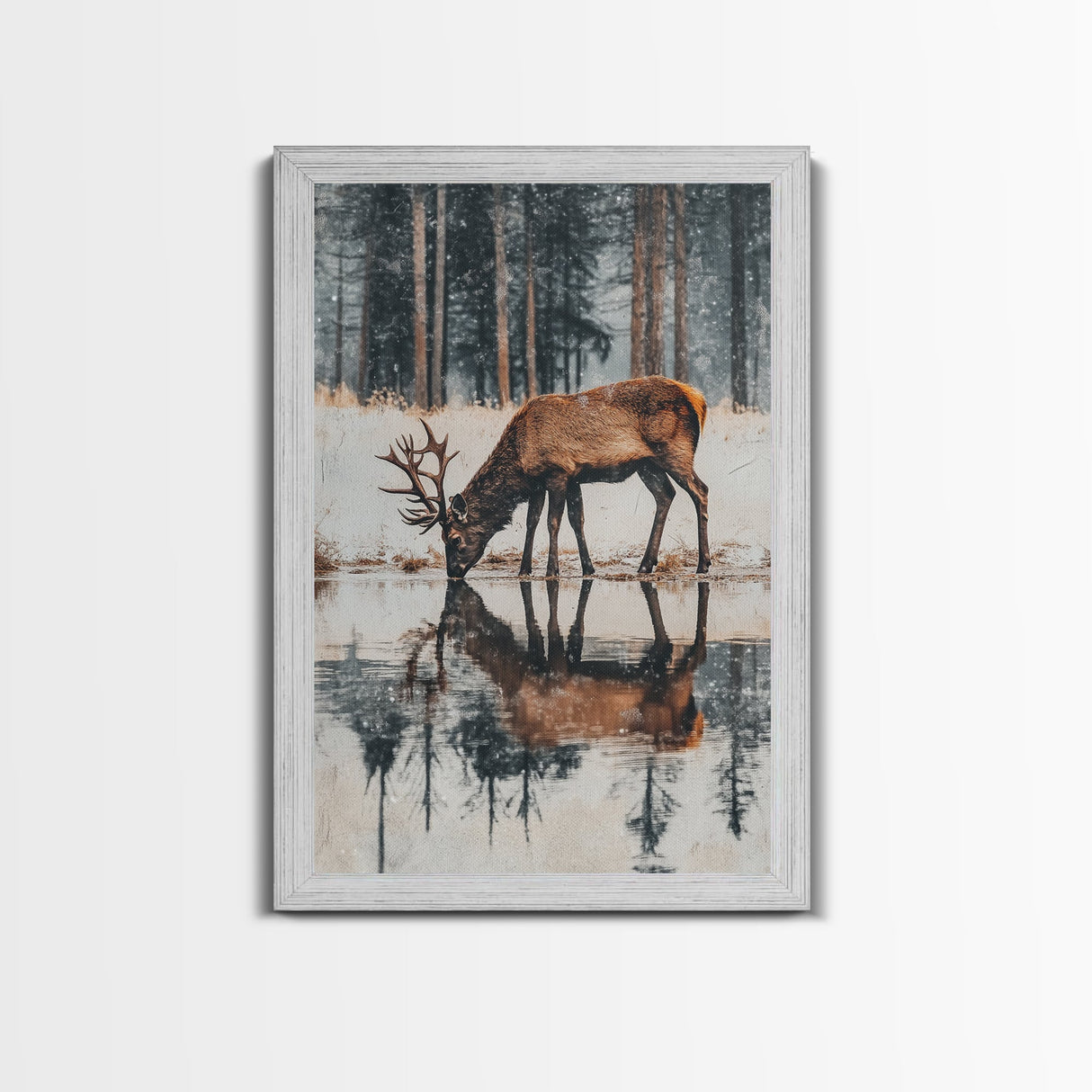 Elk Drinking Water Oil Painting Print, Framed Canvas, Deer Drinking Water In Forest Painting, Nature Decor, Cabin Wall Art, Winter Wall Art