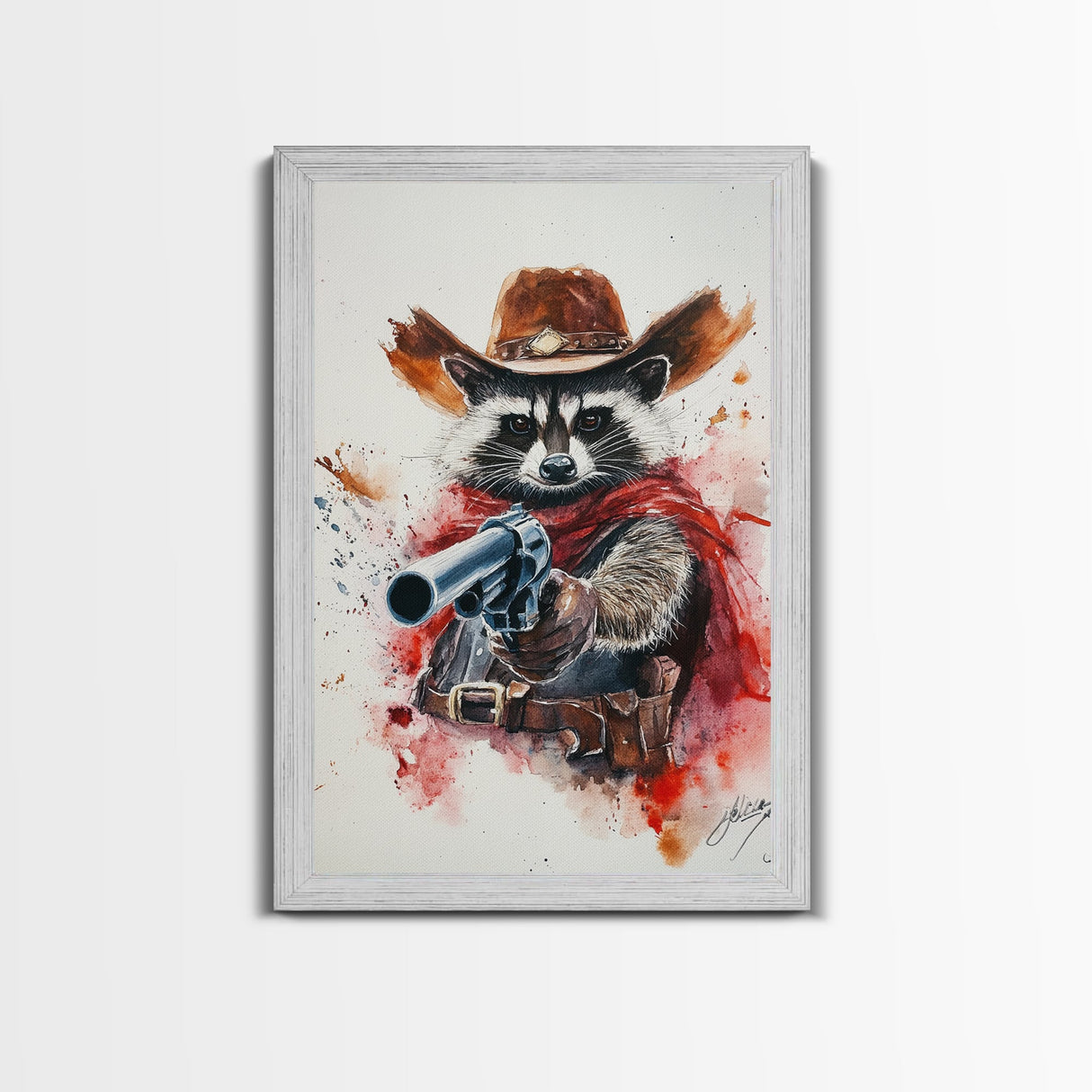 Wild West Racoon Cowboy Watercolor Painting Print, Rustic Home Decor, Framed Canvas Ready To Hang