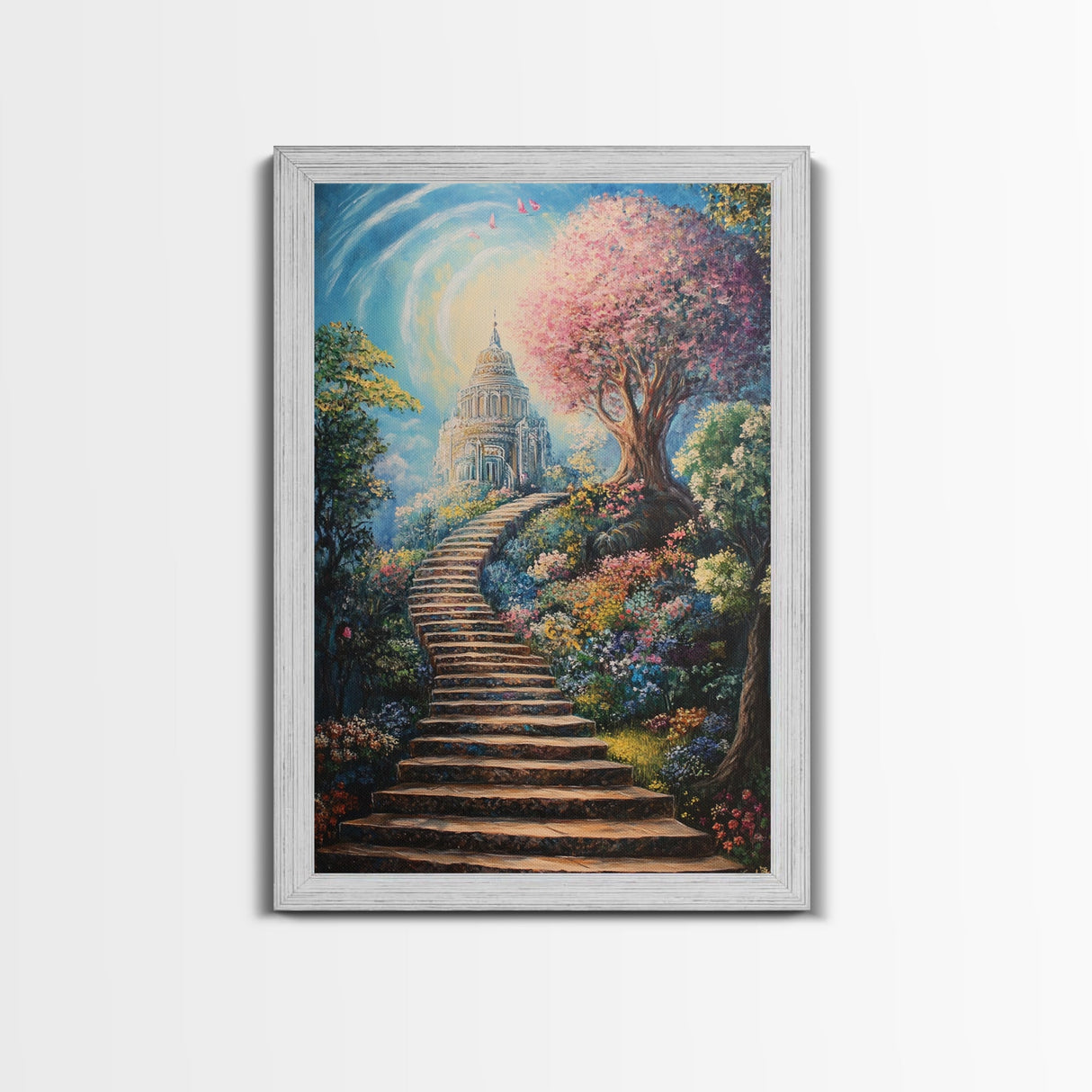 The Steps To The Sky, Framed Canvas Print, Cute Fantasy Decor, Preppy Wall Art, Gift For Her, Dorm Wall Art, Landscape Painting