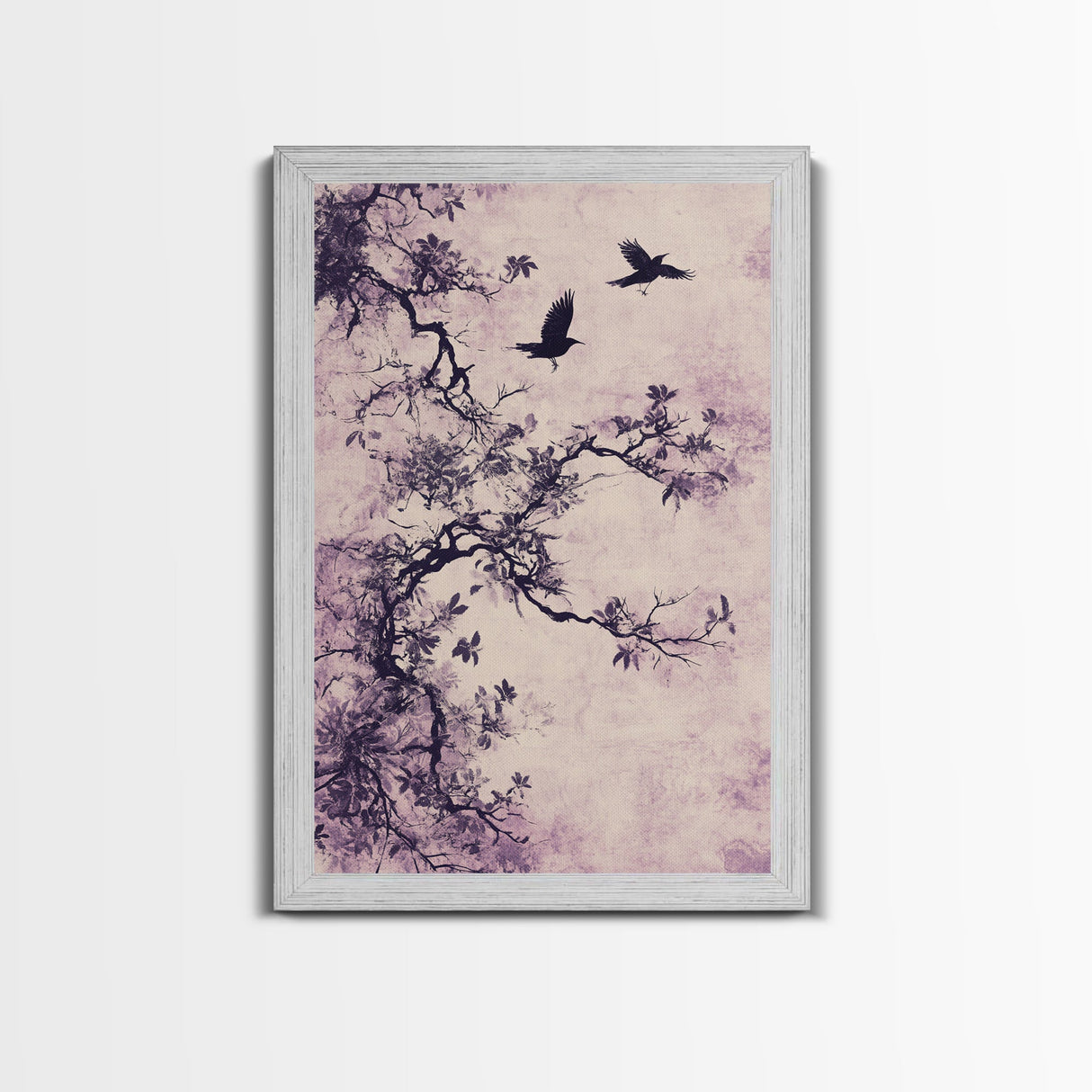 Wabi Sabi Floral Print Framed Canvas Art, Minimalist Home Decor, Purple trees with Crows, Purple Art, Boho Style Modern Art