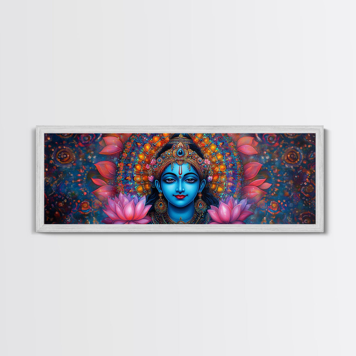 Krishna Painting Print, Ready To Hang Canvas Wall Art, Radha Krishna Art, Panoramic Art, Extra Wide Horizontal Art, Hinduism Wall Art