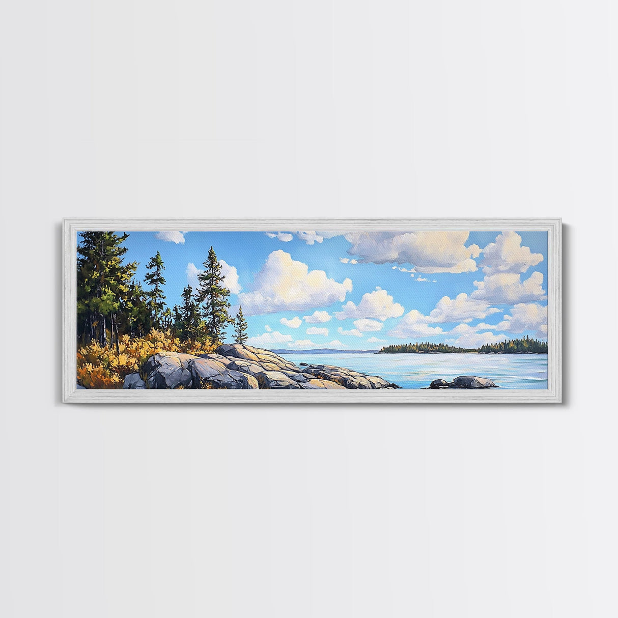 Acadia National Park, Framed Canvas Print, Acadia Watercolor Art Painting, Extra Wide Panoramic Wall Art, Horizontal Mountain Landscape Painting