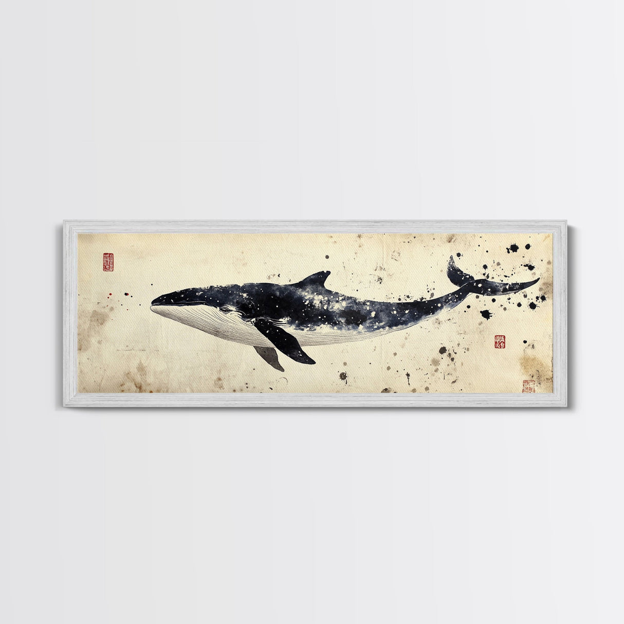 Whale Art Wabi Sabi Panoramic Oil Painting Print, Japanese Style Wall Art - Whale Decor - Whale Art Print - Living Room Decor - Minimalist
