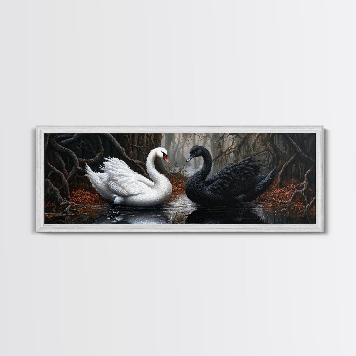 Black and White Swan Form A Heart, Framed Canvas Print, Swan Painting, Black Swan Art, Dark Romance, Panoramic Art, Gothic Art