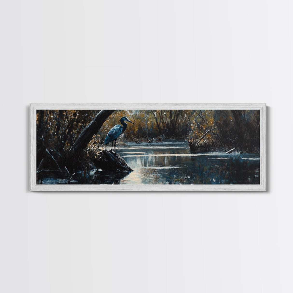 Blue Heron Wall Art, Framed Canvas Print, Nautical Home Decor, Blue Heron Painting, Panoramic Horizontal Wall Art