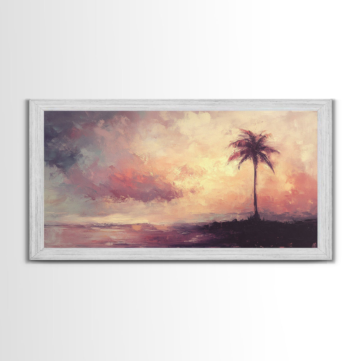 The Beach and the Palm Tree Framed Canvas Print, Nautical Home Decor, Nautical Nursery Art, Moody Beach Painting, Seascape painting