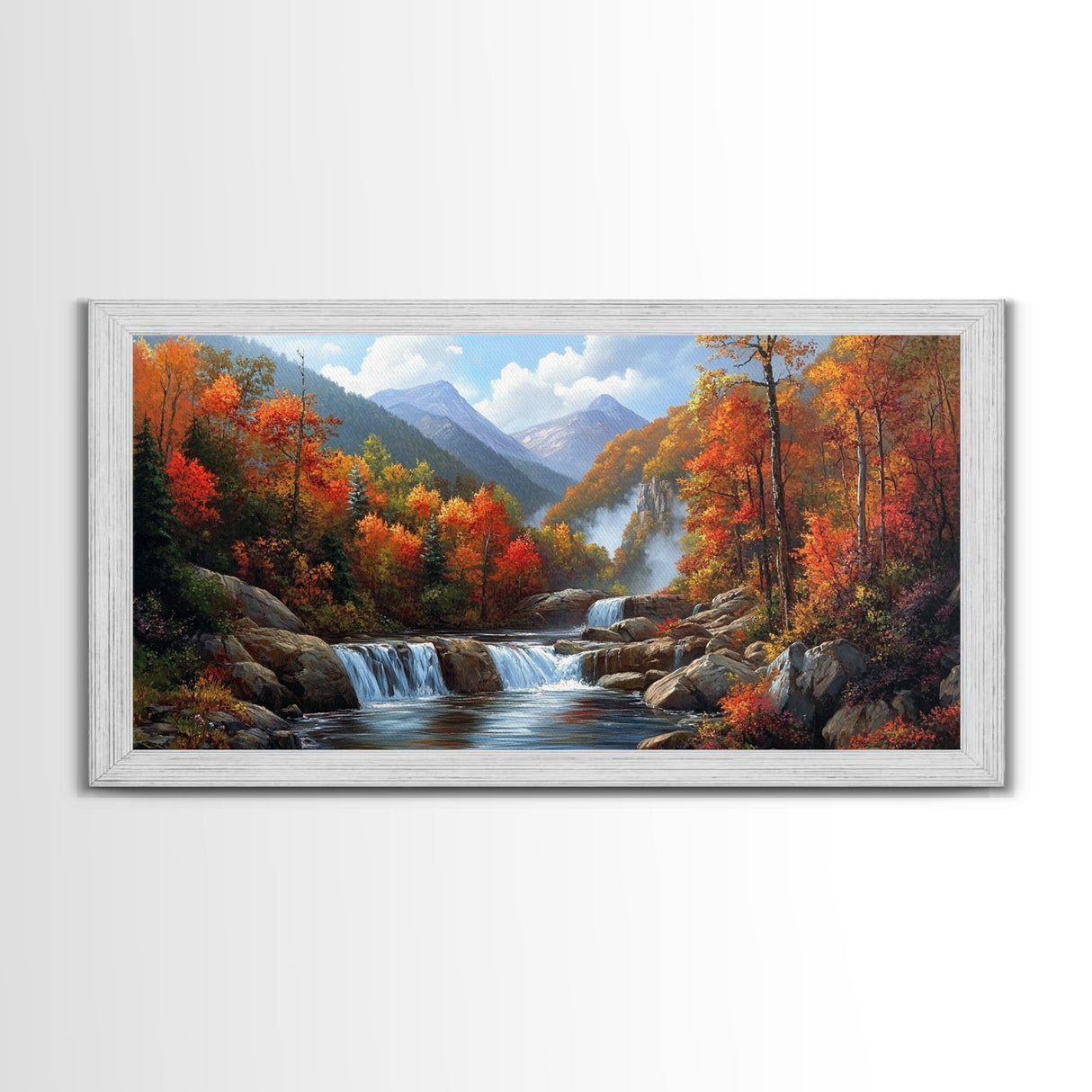 Waterfall In The Forest, Framed Canvas Print, Ready To Hang Art, Wood Frame, Landscape Oil Painting, Mountain Painting, Forest Painting