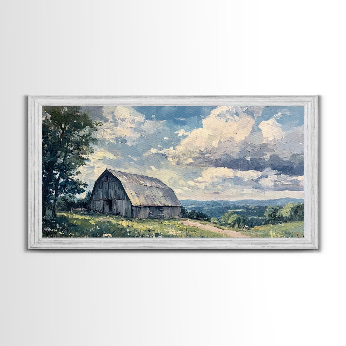 Rustic Old Barn Painting Framed Canvas Print Panoramic Rural Landscape Primitive Art Farmhouse Home Decor Barn Wall Art Ready To Hang