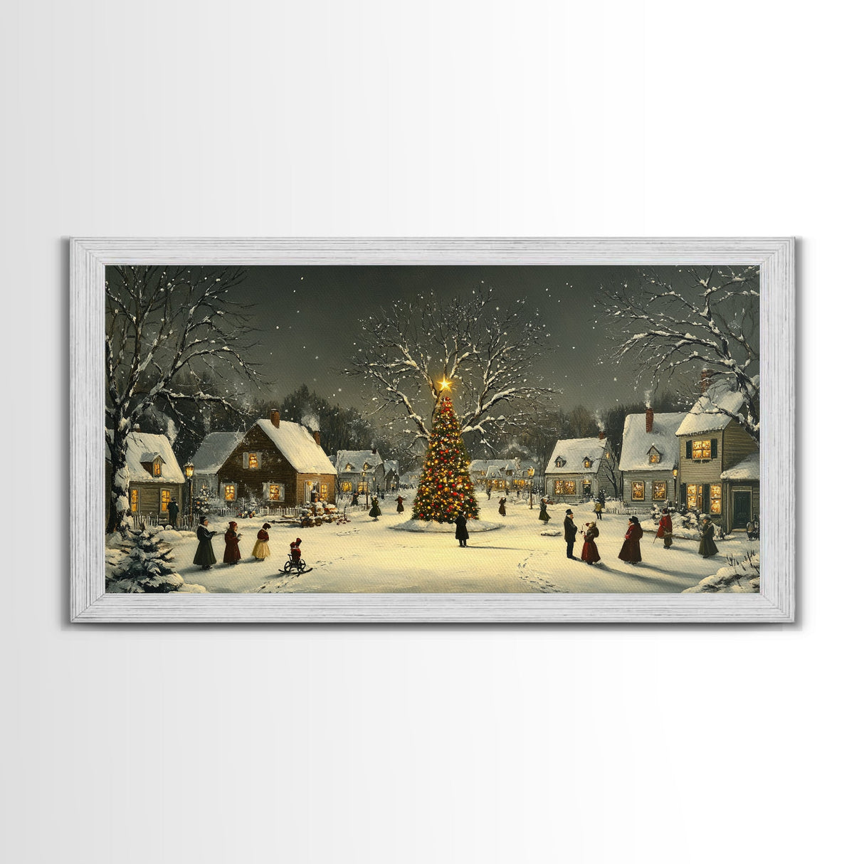Festive Christmas Village Wall Art Framed Canvas Print, Festive Christmas Street Scene, Cozy Christmas Wall Art, Ready To Hang Xmas Decor