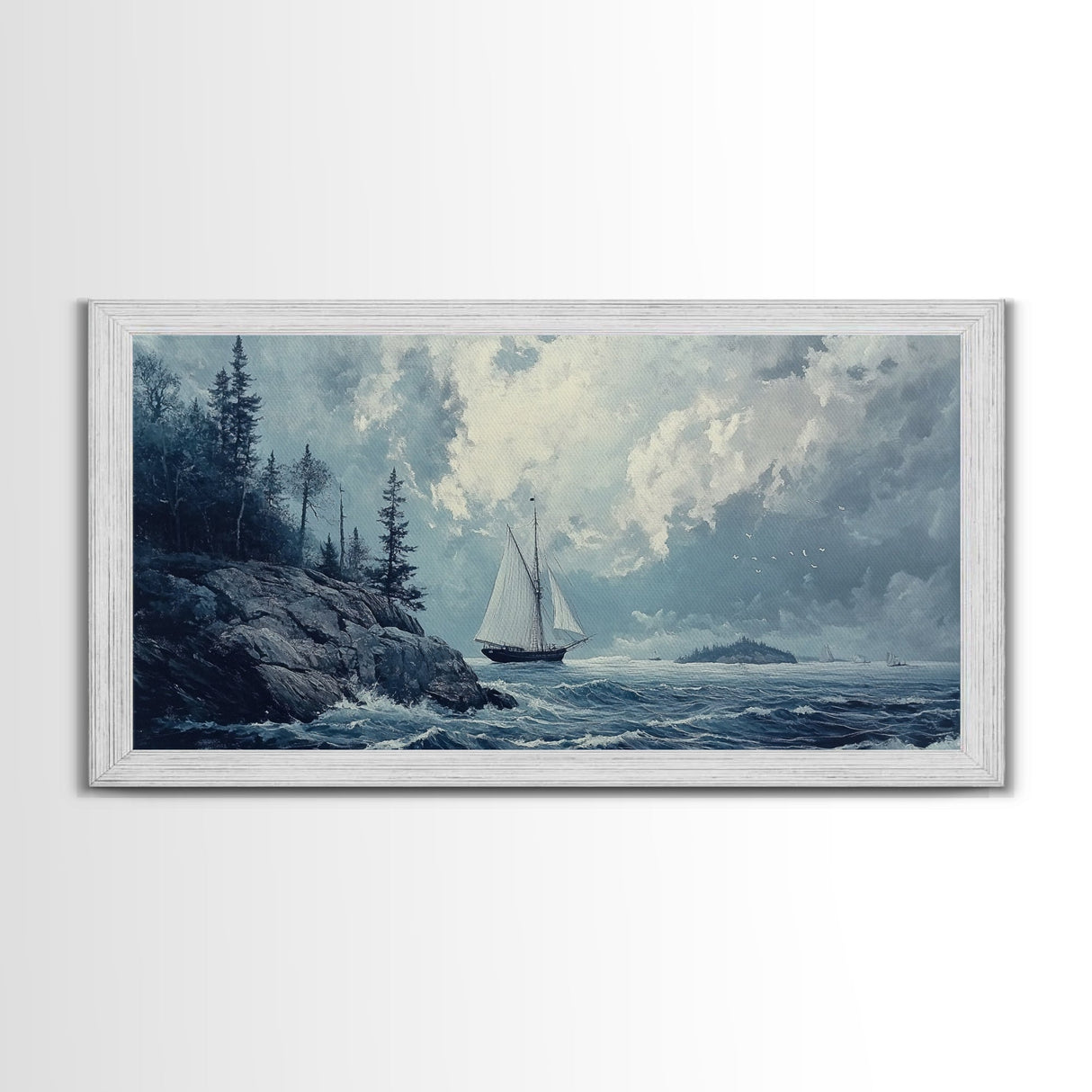 Pirate Ship Off The Coast, Framed Canvas Print, Wood Framed Art, Nautical Decor, Sailboat Painting