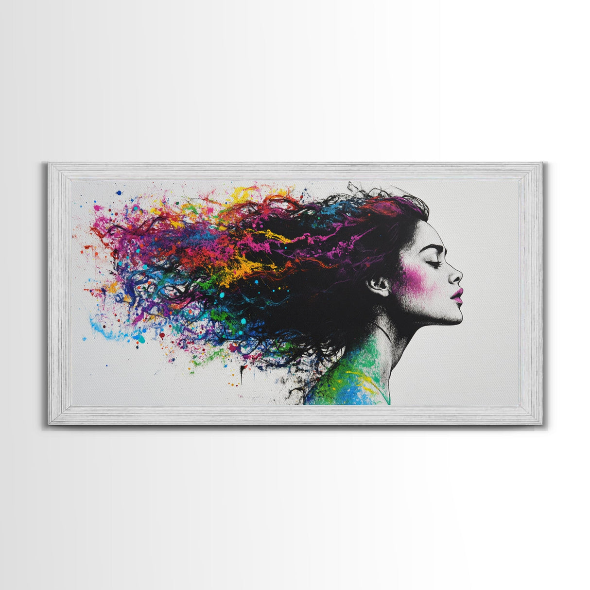 She Has Rainbow Waves in Her Flowing Hair - Portrait of a Woman - Framed Canvas Print - Pop Art - Loft Decor - Statement Piece Art