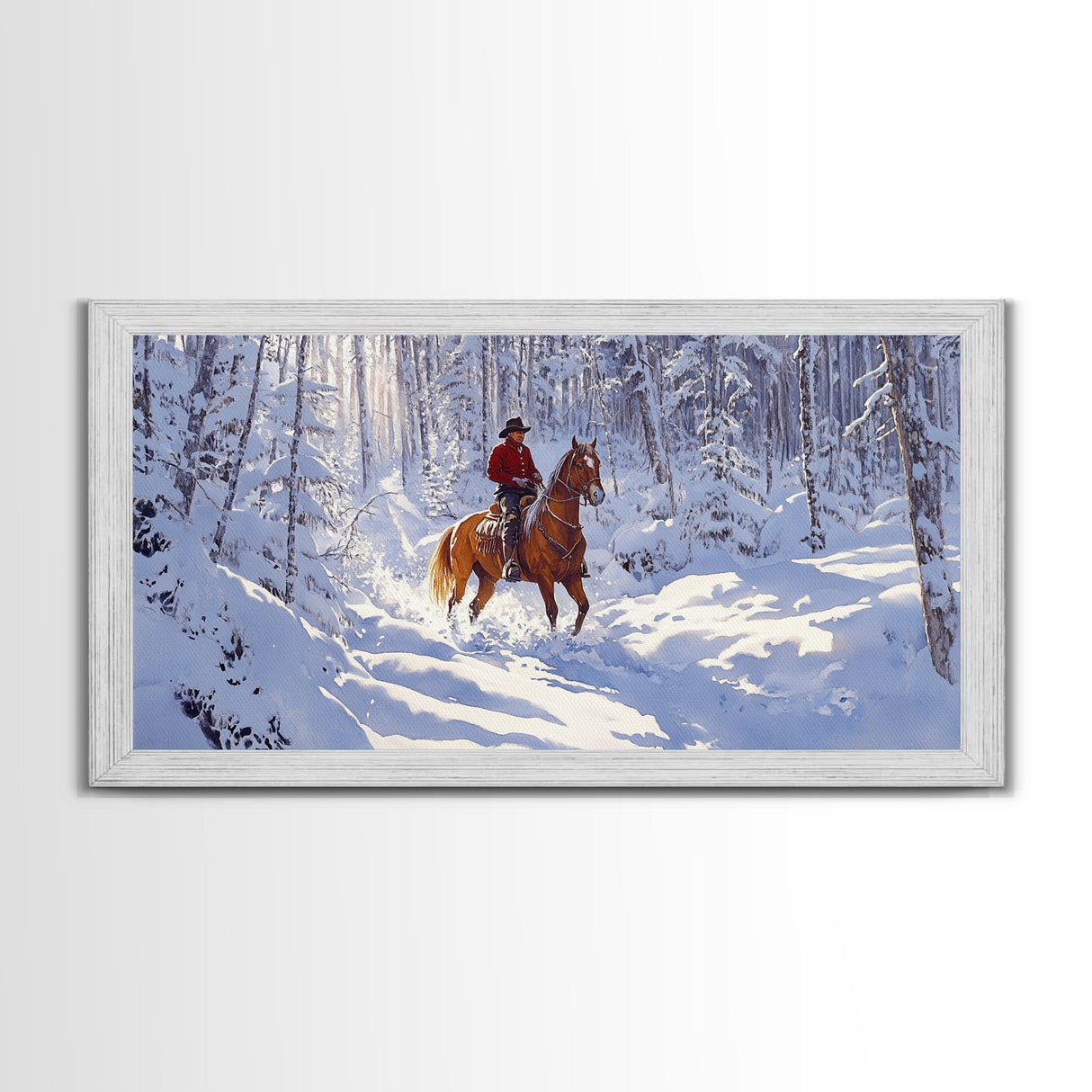 The Winter Cowboy Framed Canvas Print - Cowboy Rides His Horse Through The Snow - Cabin Decor - Outdoorsman Gift Idea - Cowboy Gift