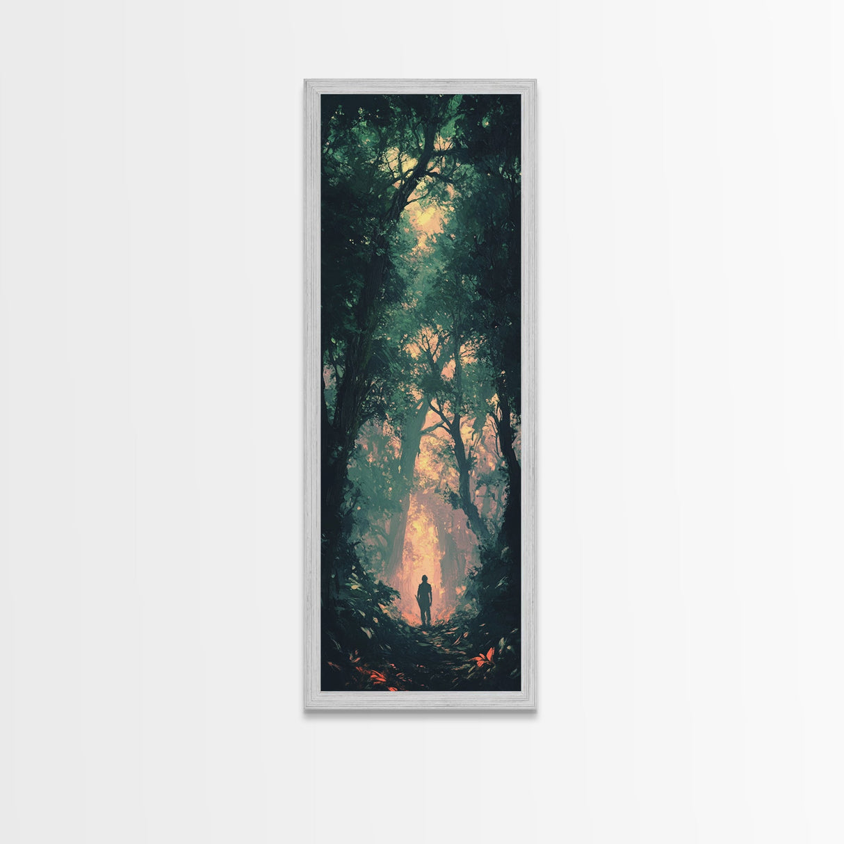 Forest at Dusk Painting Framed Canvas Print Long Narrow Wall Art, Rustic Decor Above Couch Art, Tall Skinny Art Gift Idea Christmas