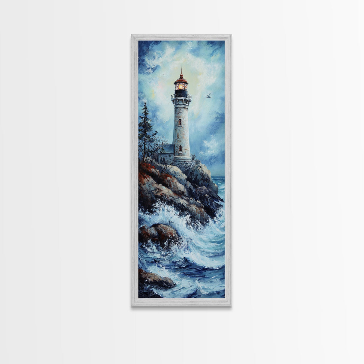 Framed Canvas Print Lighthouse Coastal Decor Nautical Painting Moody Art Ideal Tall Skinny Wall Art Living Room Above Sofa Coastal Painting