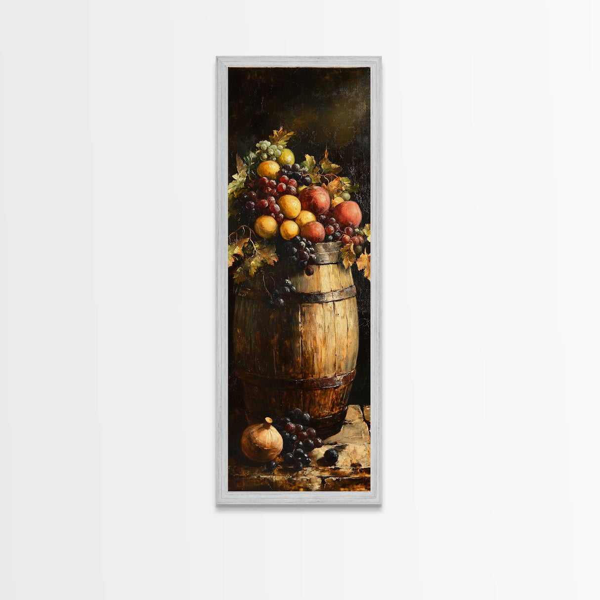 Still Life Oil Painting Print of Fruit and a Wine Barrel, Wine Room Art, Wine Cellar Art, Bar Decor, Tall Skinny Art, Skinny Vertical Art