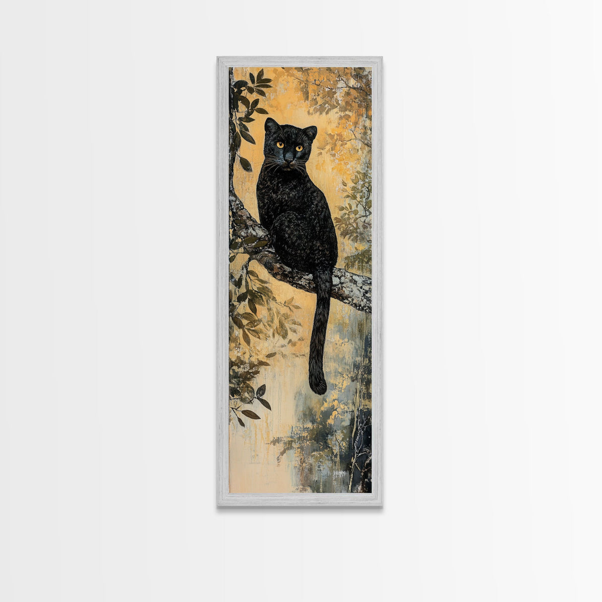 Framed Canvas Print of Black Panther on Tree Branch, Fall Animal Art, Boho Decor, Rustic Nature Art, Tall Skinny Wall Art, Living Room Piece