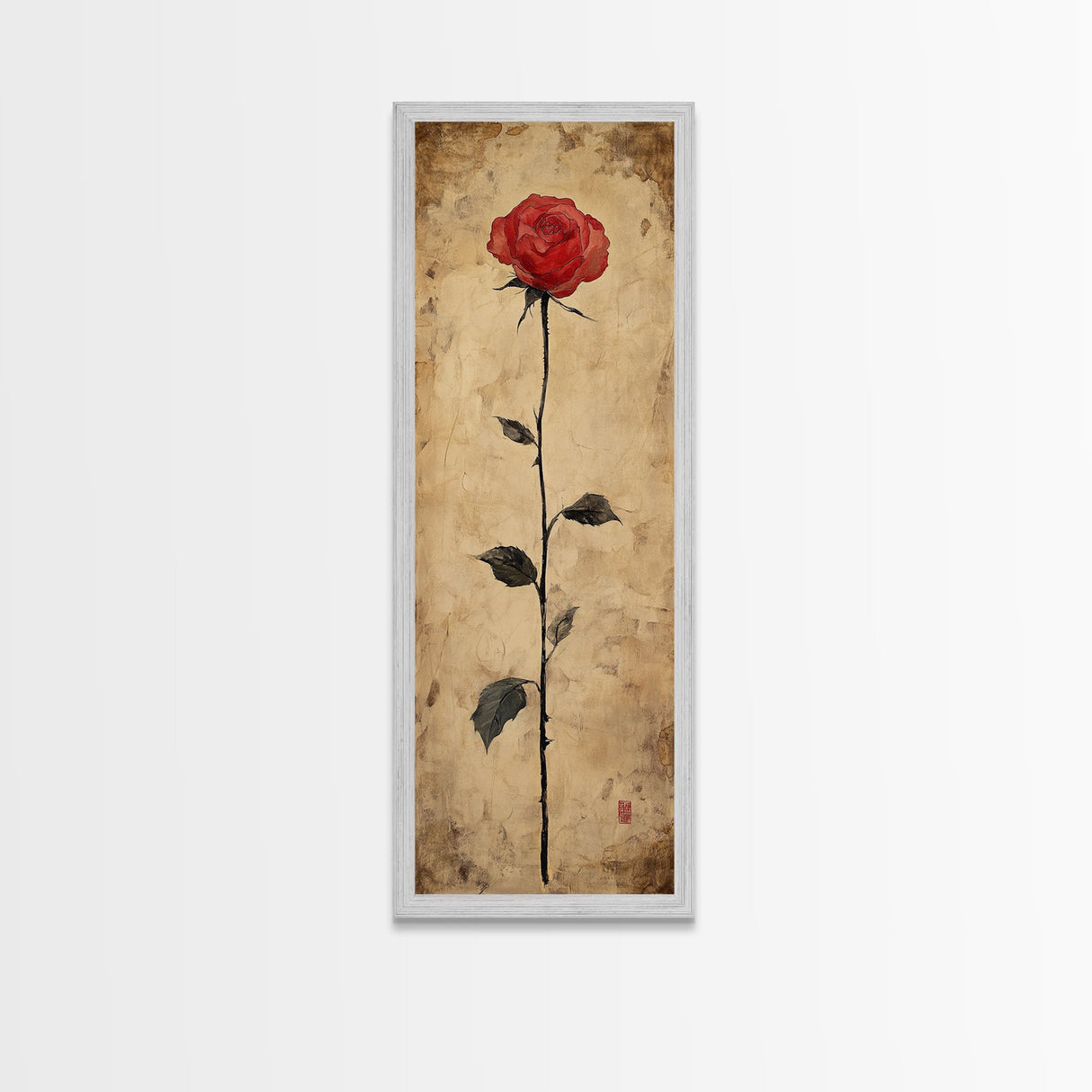 Framed Canvas Print of Elegant Red Rose, Botanical Art, Rustic Wall Art, Gift Idea, Minimalist Nature Art, Above Bed Wall Art