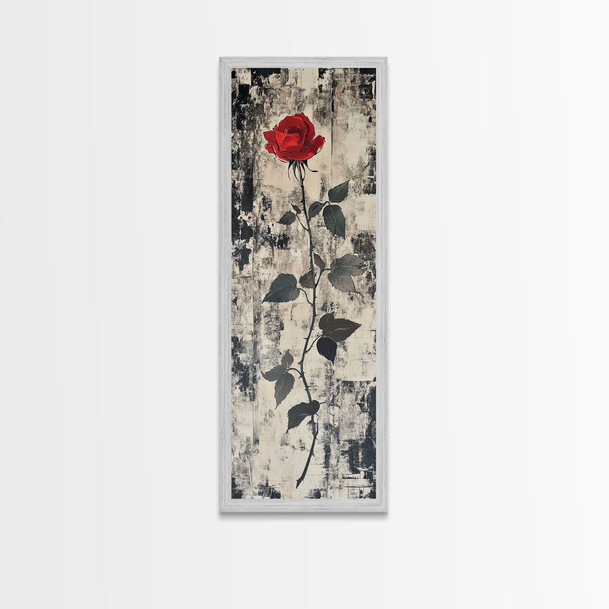 Monochrome Rose Canvas Print, Minimalist Black and White Art, Modern Botanical Print, Above Bed Wall Art, Tall Narrow Art, Framed Canvas Print