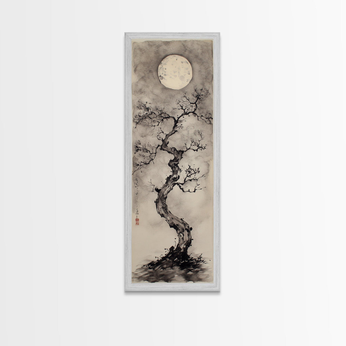 Canvas Print Moon and Tree Painting, Mystical Wabi Sabi Wall Art, Japanese-Inspired Rustic Decor, Above Bed Wall Art Gift Him