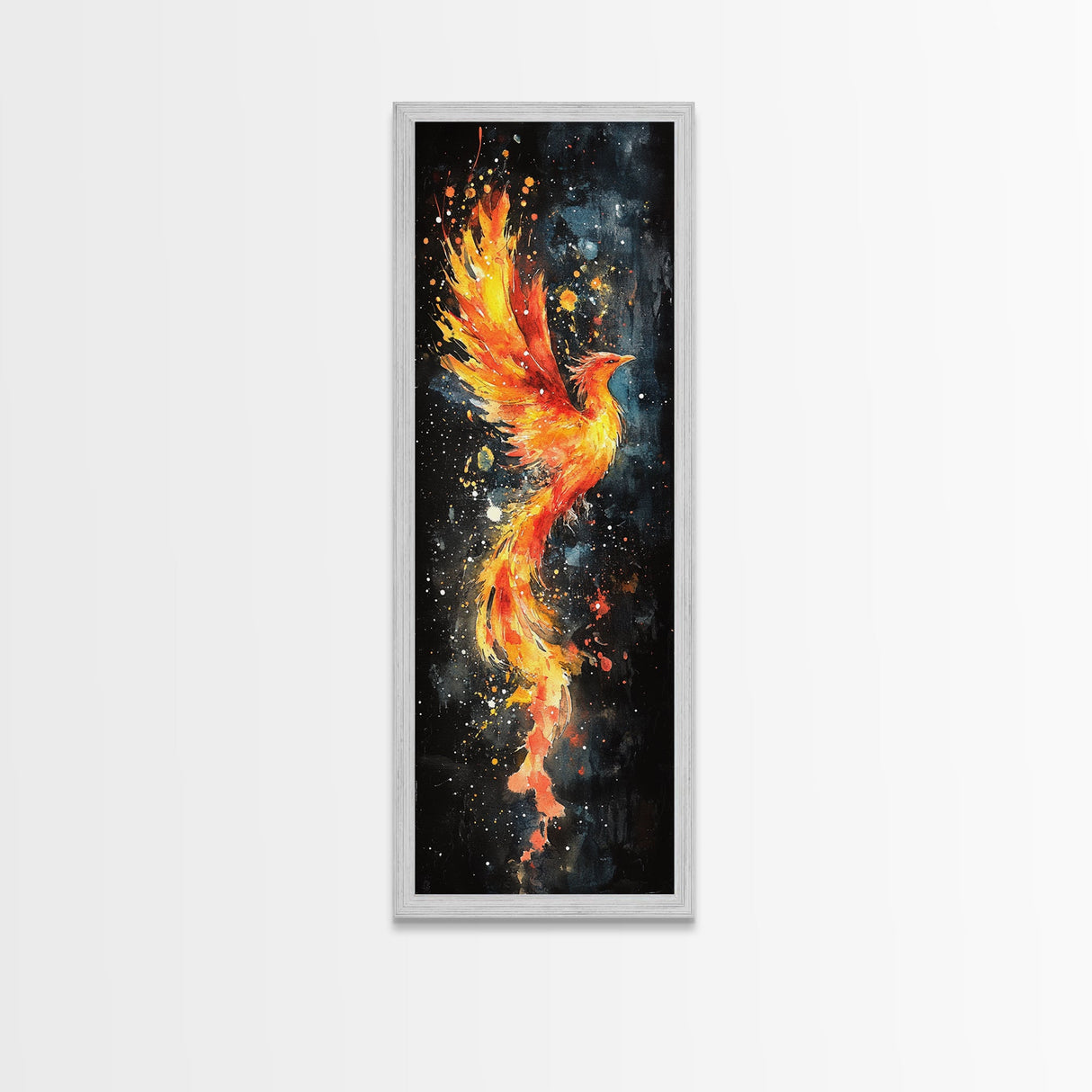 Flaming Phoenix Illustration Canvas Print, Tall Skinny Art for Bedroom Decor, Mythical Creature Wall Art with Framed Option, Space Art
