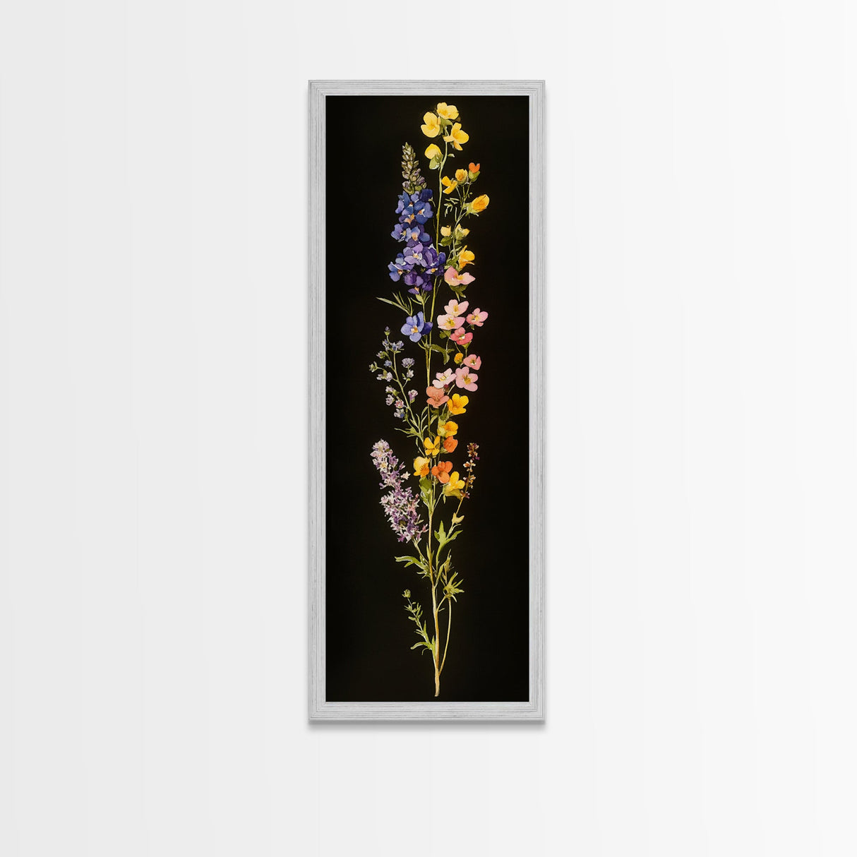 Elegant Wildflower Botanical Art - Framed Canvas Print Featuring Vertical Array of Vibrant Blooms on Dark Background