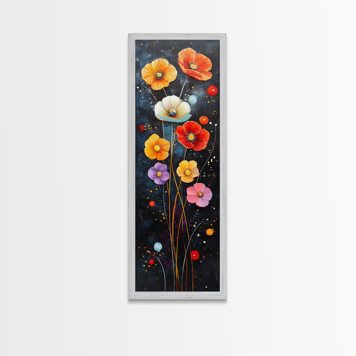 Abstract Poppy Garden Scene - Framed Canvas Print Showcasing Whimsical Florals on Dark Blue Background for Moody Decor