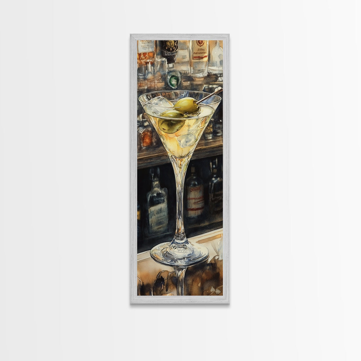 Realistic Martini Glass with Olives, Classic Cocktail Art, Bar Scene Canvas Print, Retro Kitchen Decor, Olive Martini Painting