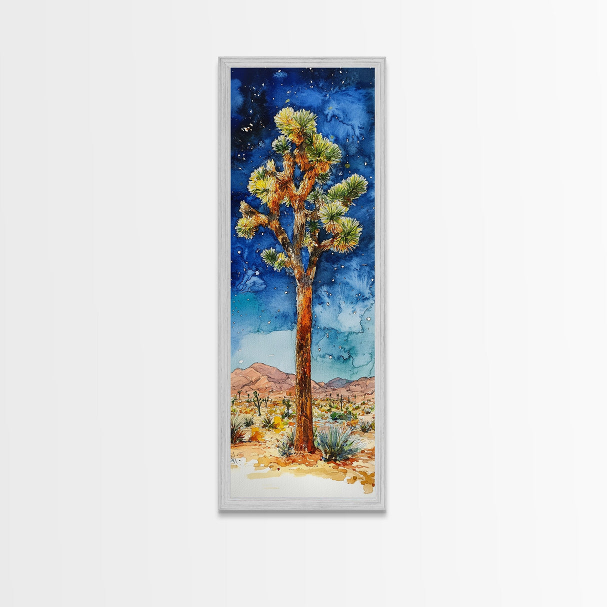 Joshua Tree Under a Starry Night Sky, Framed Canvas Print, Watercolor Landscape Painting Print, Southwestern Wall Art, Farmhouse Painting