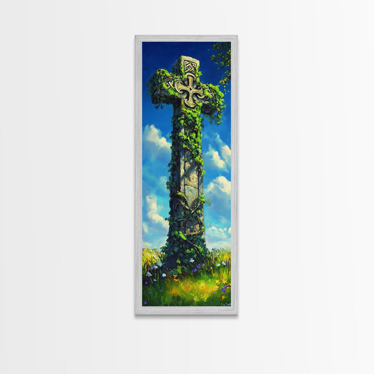 Oil Painting Print of a Celtic Cross, Irish Wall Art, Tall Narrow Art, Skinny Art, Wall Art For Small Spaces, Small Art, Ireland Art, Celtic Cross Art