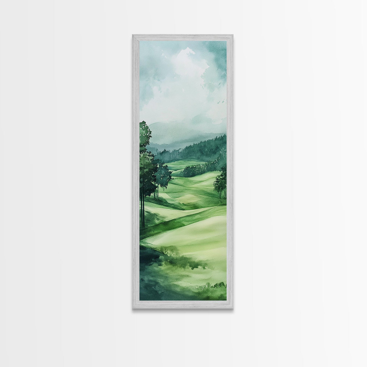 Watercolor Mountain Art Canvas Print Rustic Landscape Art Above Bed Wall Art Extra Wide Art Vertical Wall Art Green Wall Art Gift