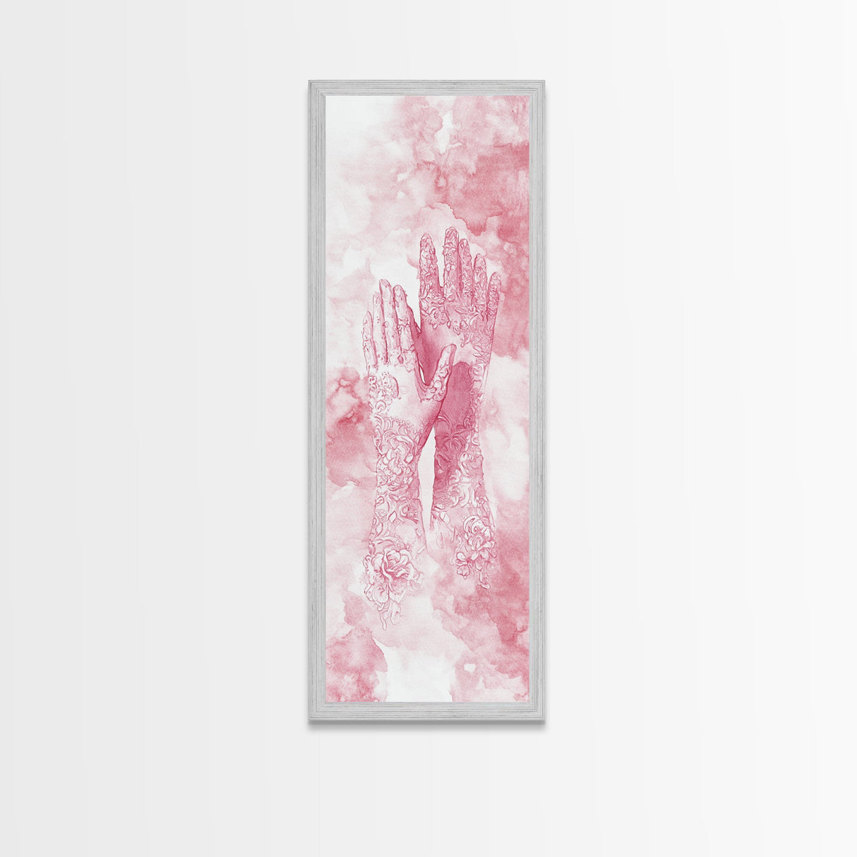Elegant Mehndi Hand Art Framed Canvas Print - Light Pink Wall Art, Botanical Prints, Whimsical Art, Yoga Art, Gift Idea Her, Bedroom Decor
