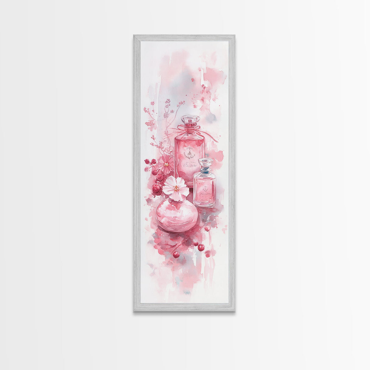 Elegant Perfume Bottles Framed Canvas Print Pink Abstract Art Wabi Sabi Decor Light Pink Bedroom Artwork Feminine Minimalist Wall Art