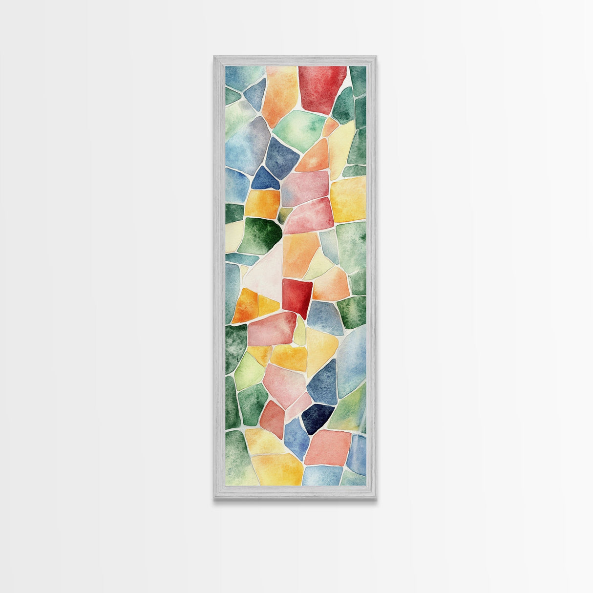 Stained Glass Mosaic Framed Canvas Print Vibrant Moroccan Wall Art Bright Geometric Long Skinny Living Room or Bedroom Decor
