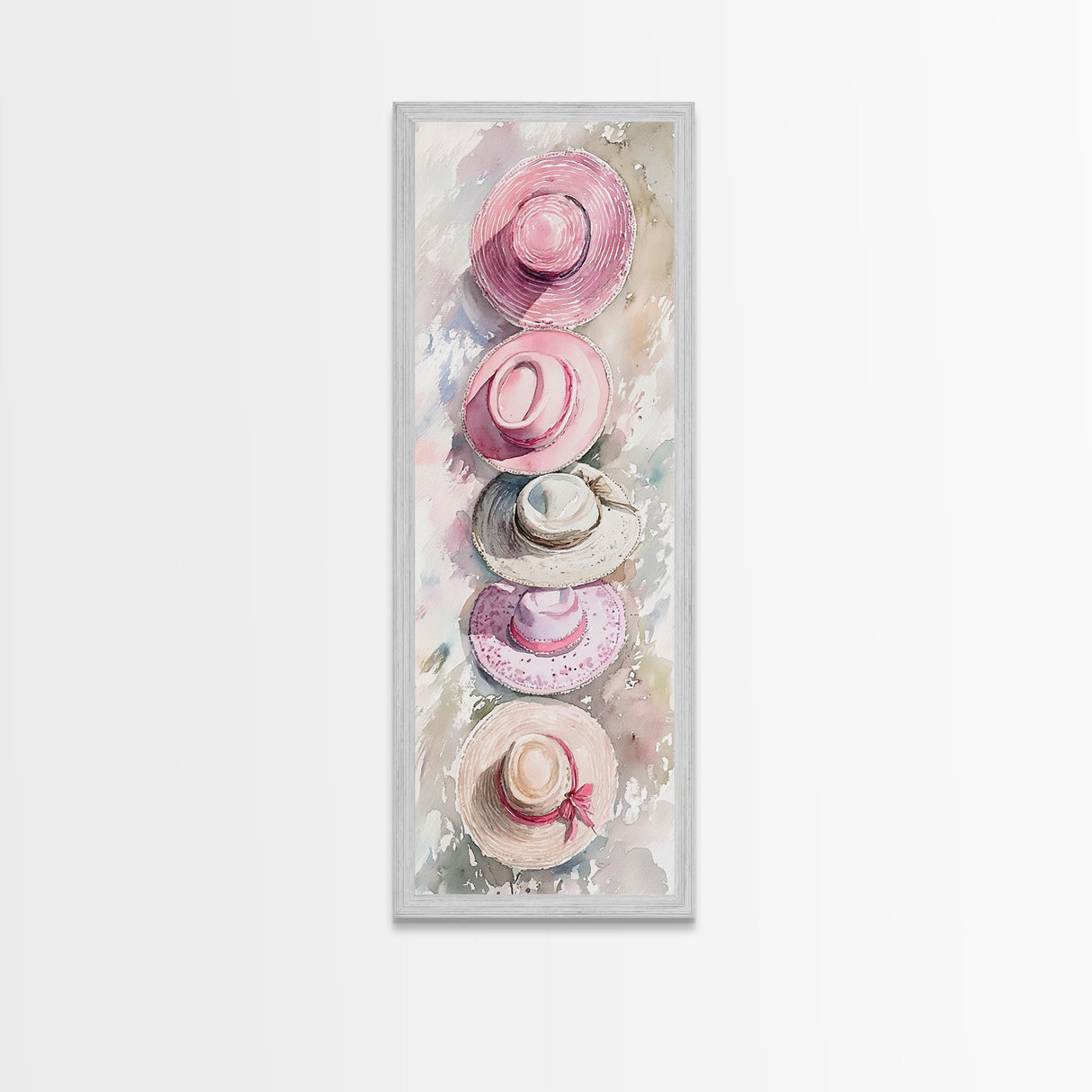 Summer Hats Canvas Print, coastal cowgirl wall art with pastel pink and beige hat patterns, rustic vertical wall art for living spaces.